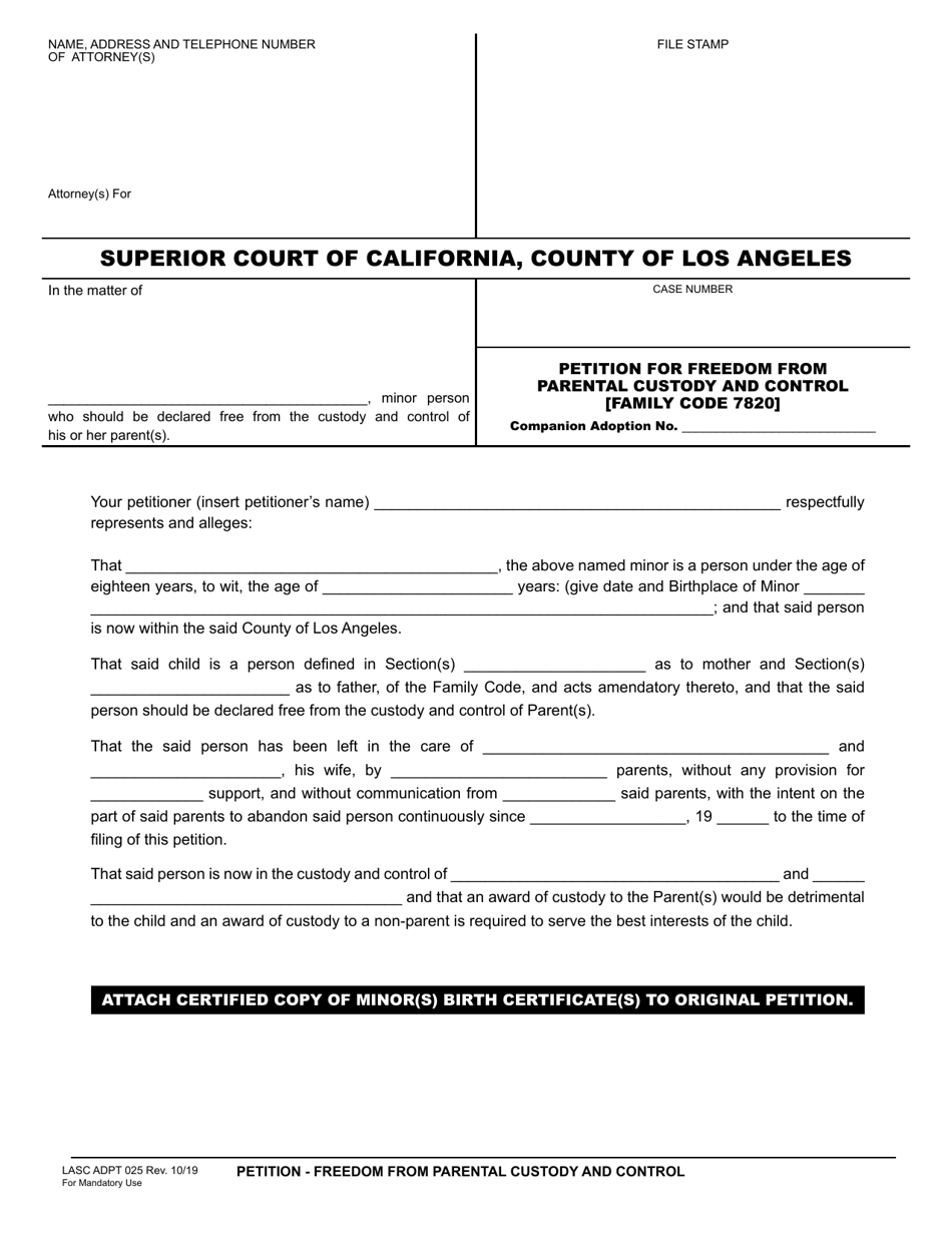 Form LASC ADPT025 Petition for Freedom From Parental Custody and Control - County of Los Angeles, California, Page 1