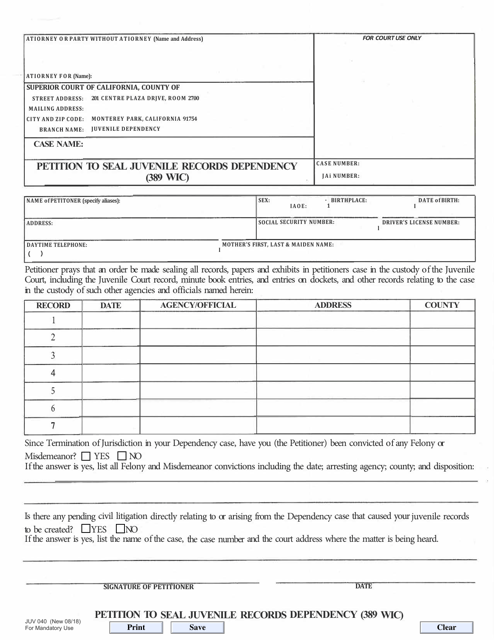 Form JUV040 Petition to Seal Juvenile Records Dependency (389 Wic) - County of Los Angeles, California