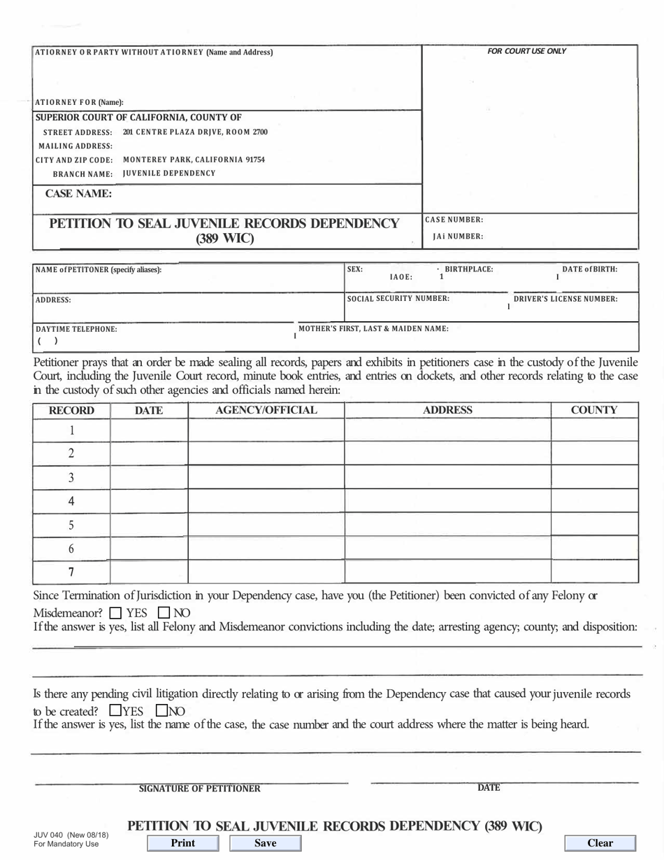 Form JUV040 Petition to Seal Juvenile Records Dependency (389 Wic) - County of Los Angeles, California, Page 1