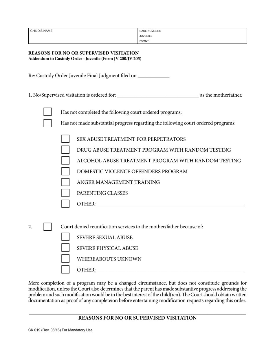 Form CK019 Reasons for No or Supervised Visitation - County of Los Angeles, California, Page 1