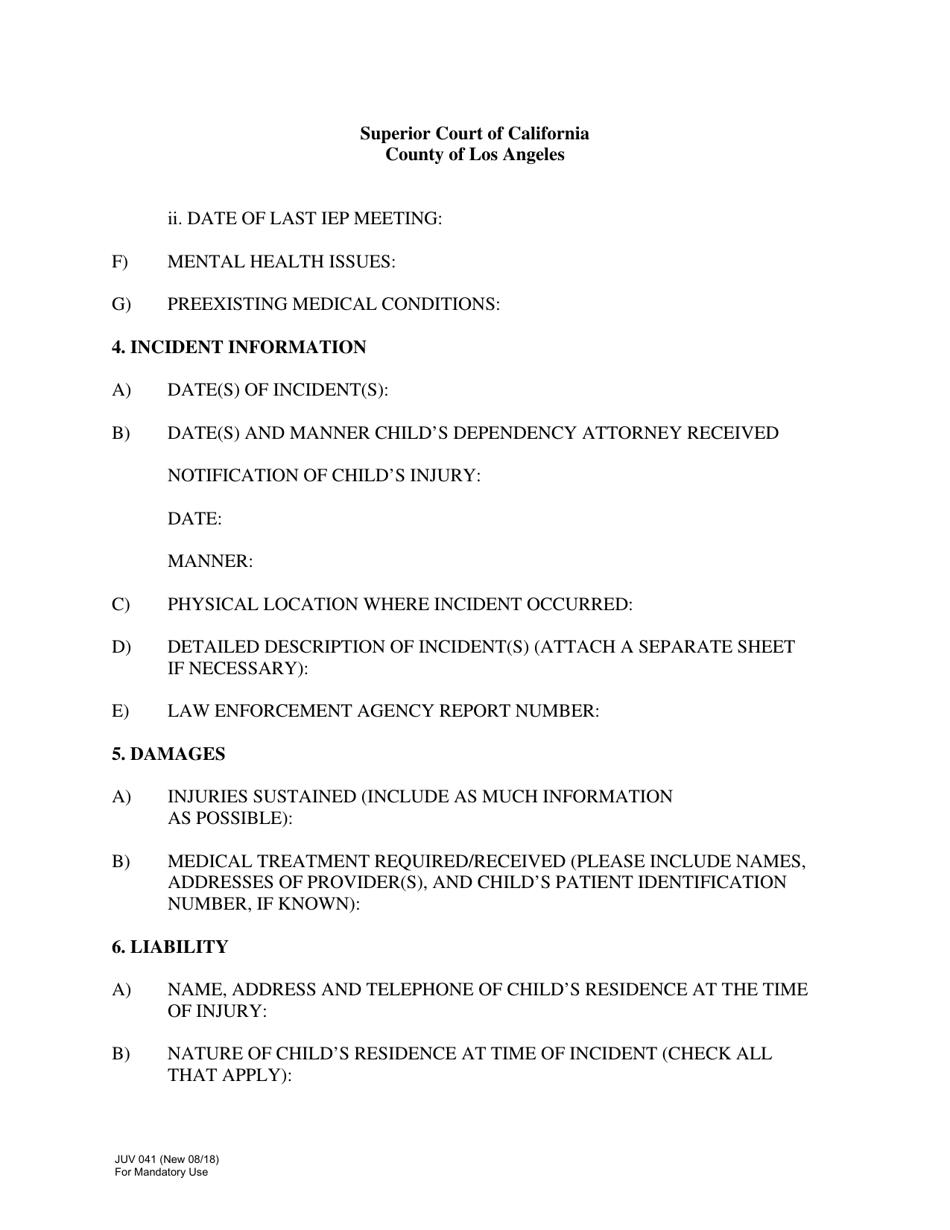 Form JUV041 Appendix 1 Report of Childs Injuries Pursuant to Wic Section 317, Subdivision (E) - County of Los Angeles, California, Page 3