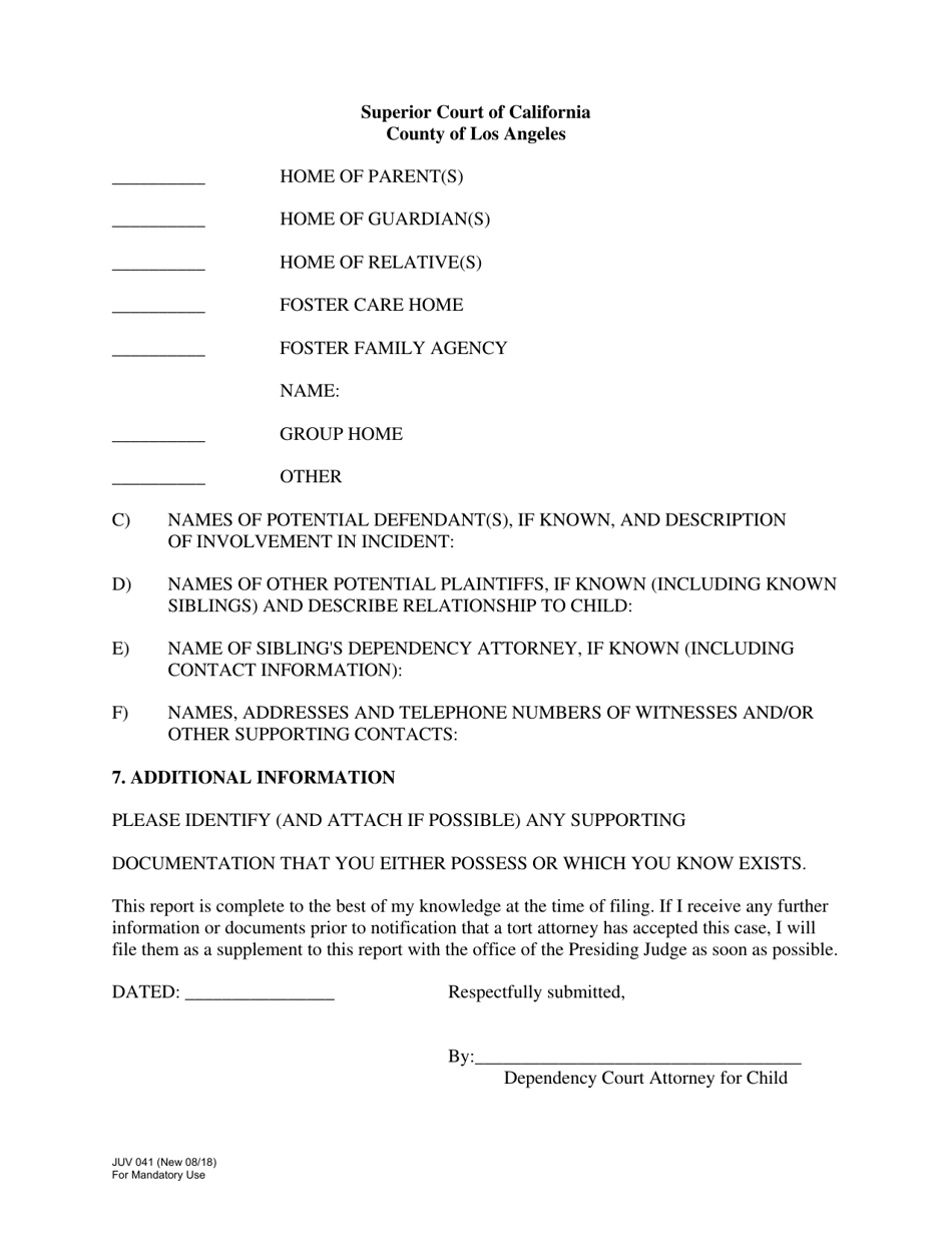 Form JUV041 Appendix 1 Report of Childs Injuries Pursuant to Wic Section 317, Subdivision (E) - County of Los Angeles, California, Page 4