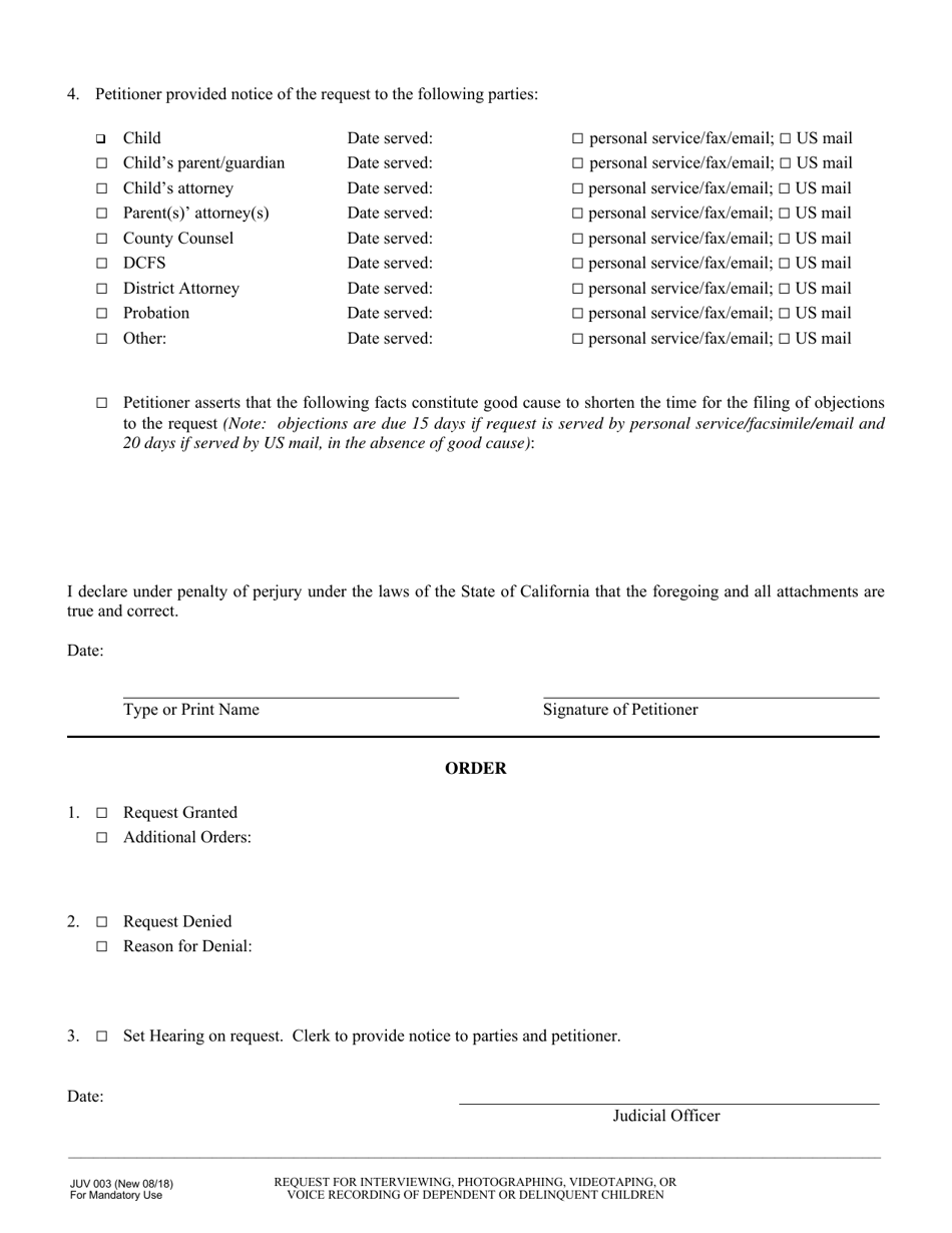 Form JUV003 Request for Interviewing, Photographing, Videotaping, or Voice Recording of Dependent or Delinquent Children (Wic 387) - County of Los Angeles, California, Page 2