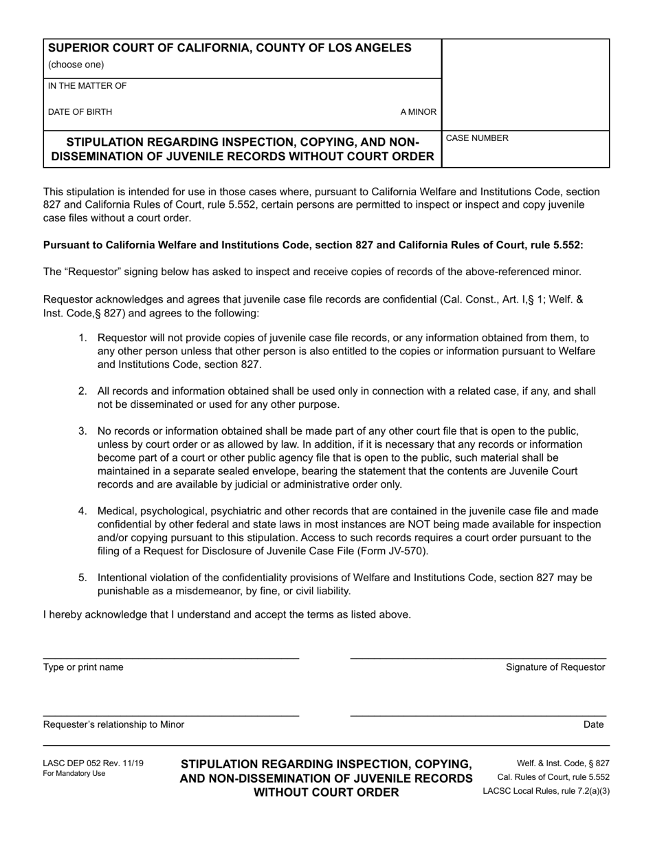 Form LASC DEP052 Stipulation Regarding Inspection, Copying, and Non-dissemination of Juvenile Records Without Court Order - County of Los Angeles, California, Page 1