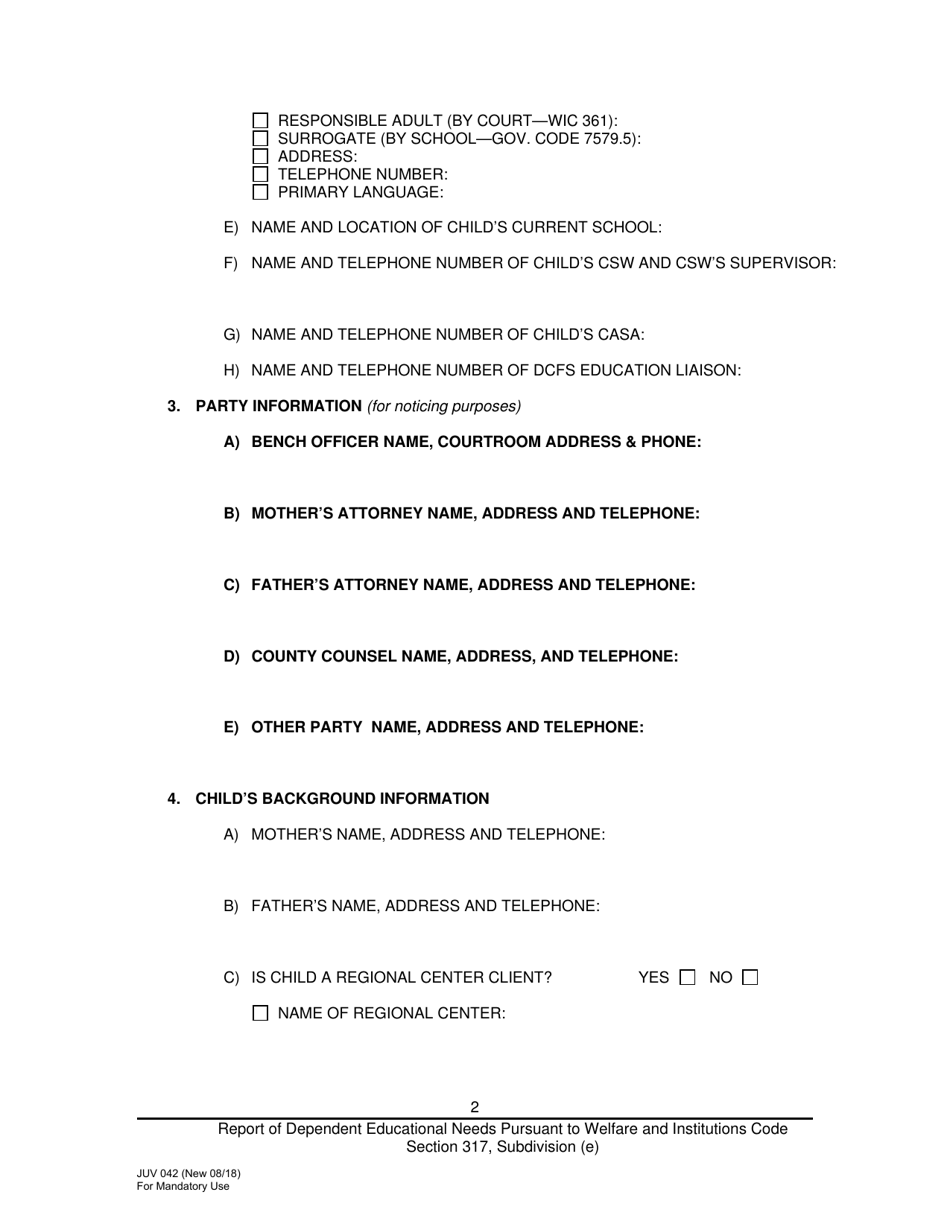 Form JUV042 Report of Dependent Educational Needs Pursuant to Welfare and Institutions Code Section 317, Subdivision (E) - County of Los Angeles, California, Page 2