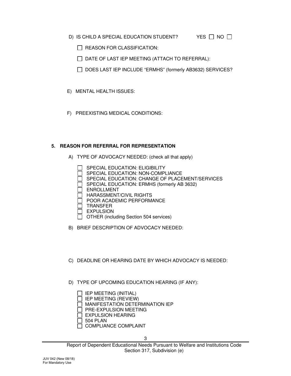 Form JUV042 Report of Dependent Educational Needs Pursuant to Welfare and Institutions Code Section 317, Subdivision (E) - County of Los Angeles, California, Page 3