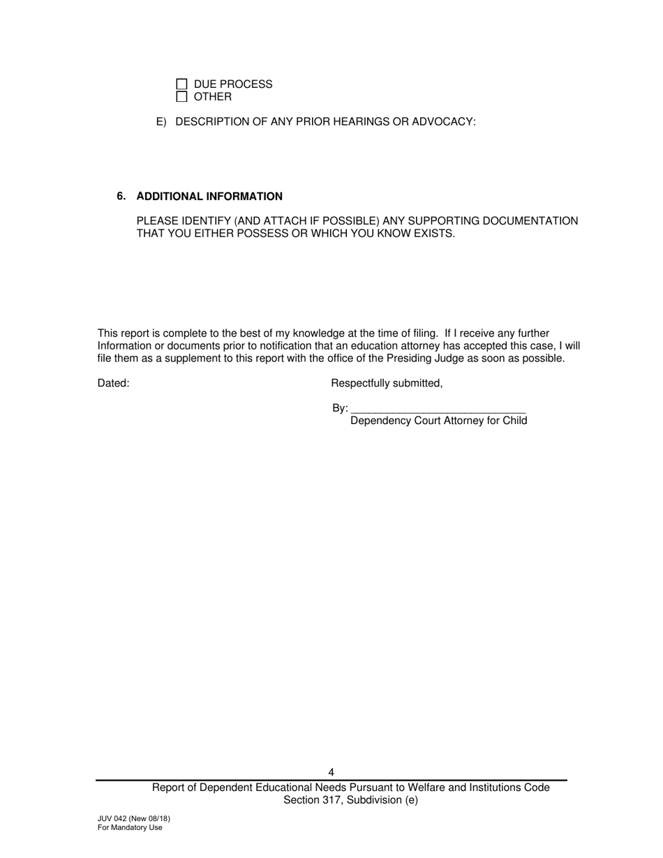 Form JUV042 Report of Dependent Educational Needs Pursuant to Welfare and Institutions Code Section 317, Subdivision (E) - County of Los Angeles, California, Page 4