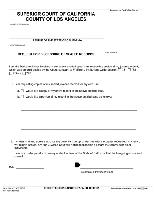 Form LASC JUV047 Request for Disclosure of Sealed Records - County of Los Angeles, California