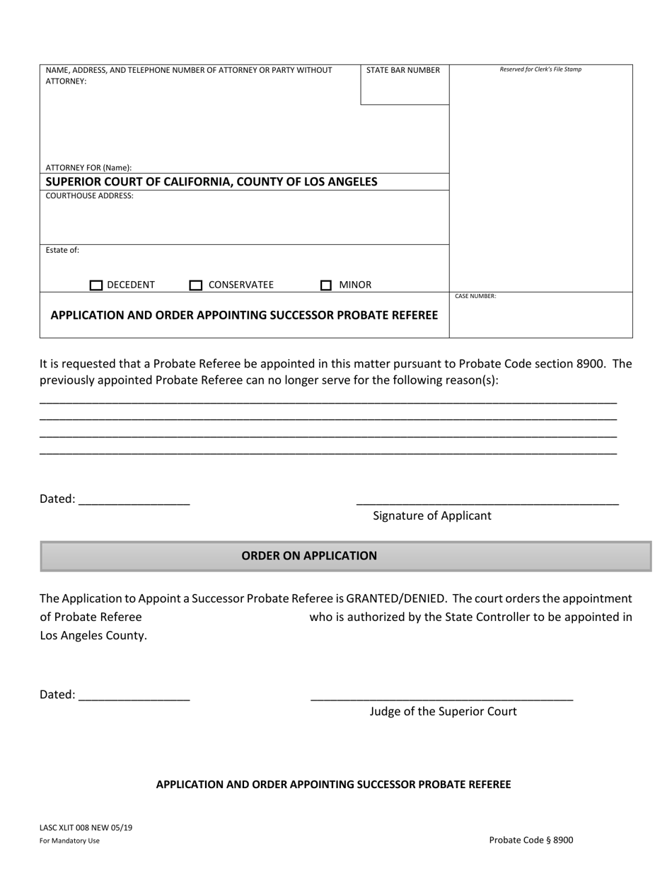 Form LASC XLIT008 Application and Order Appointing Successor Probate Referee - County of Los Angeles, California, Page 1