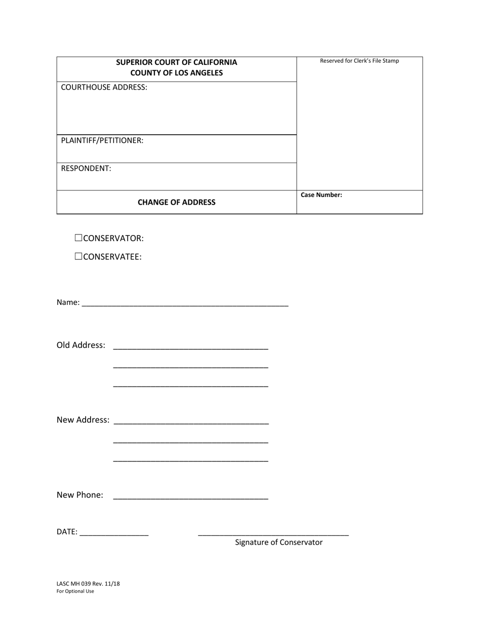 Form LASC MH039 Change of Address - County of Los Angeles, California, Page 1