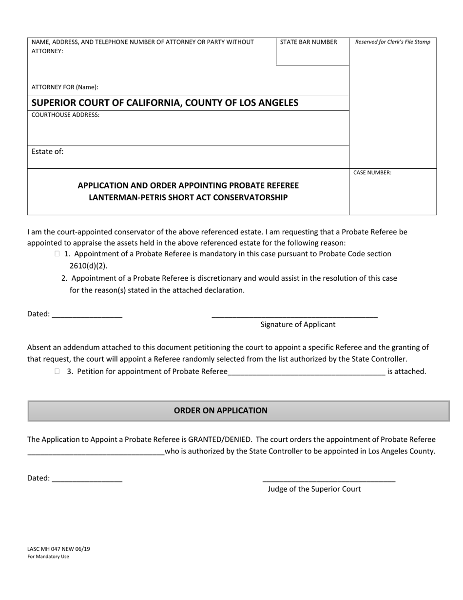 Form LASC MH047 Application and Order Appointing Probate Referee Lanterman-Petris Short Act Conservatorship - County of Los Angeles, California, Page 1