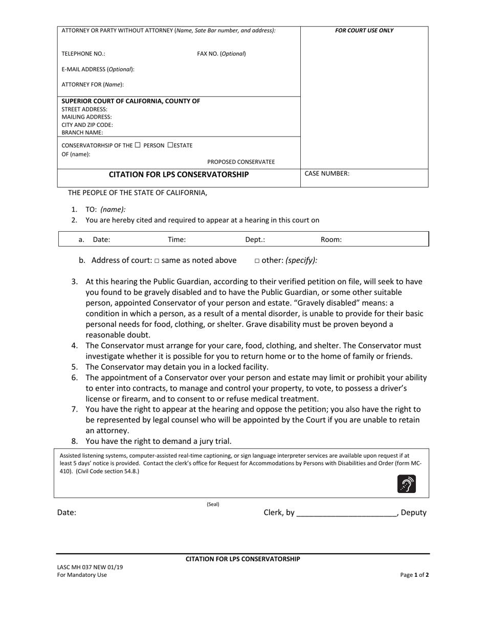Form LASC MH037 Citation for Lps Conservatorship - County of Los Angeles, California, Page 1