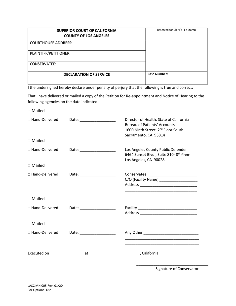 Form LASC MH005 Declaration of Service - County of Los Angeles, California, Page 1