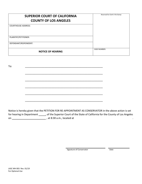 Form LASC MH003 Notice of Hearing - County of Los Angeles, California
