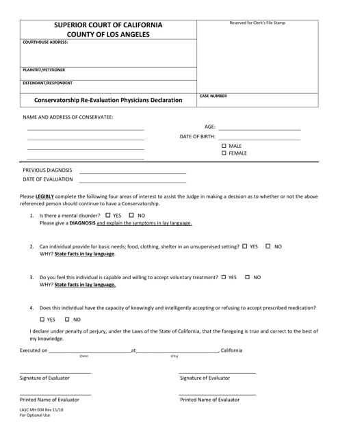 Form LASC MH004 Conservatorship Re-evaluation Physicians Declaration - County of Los Angeles, California