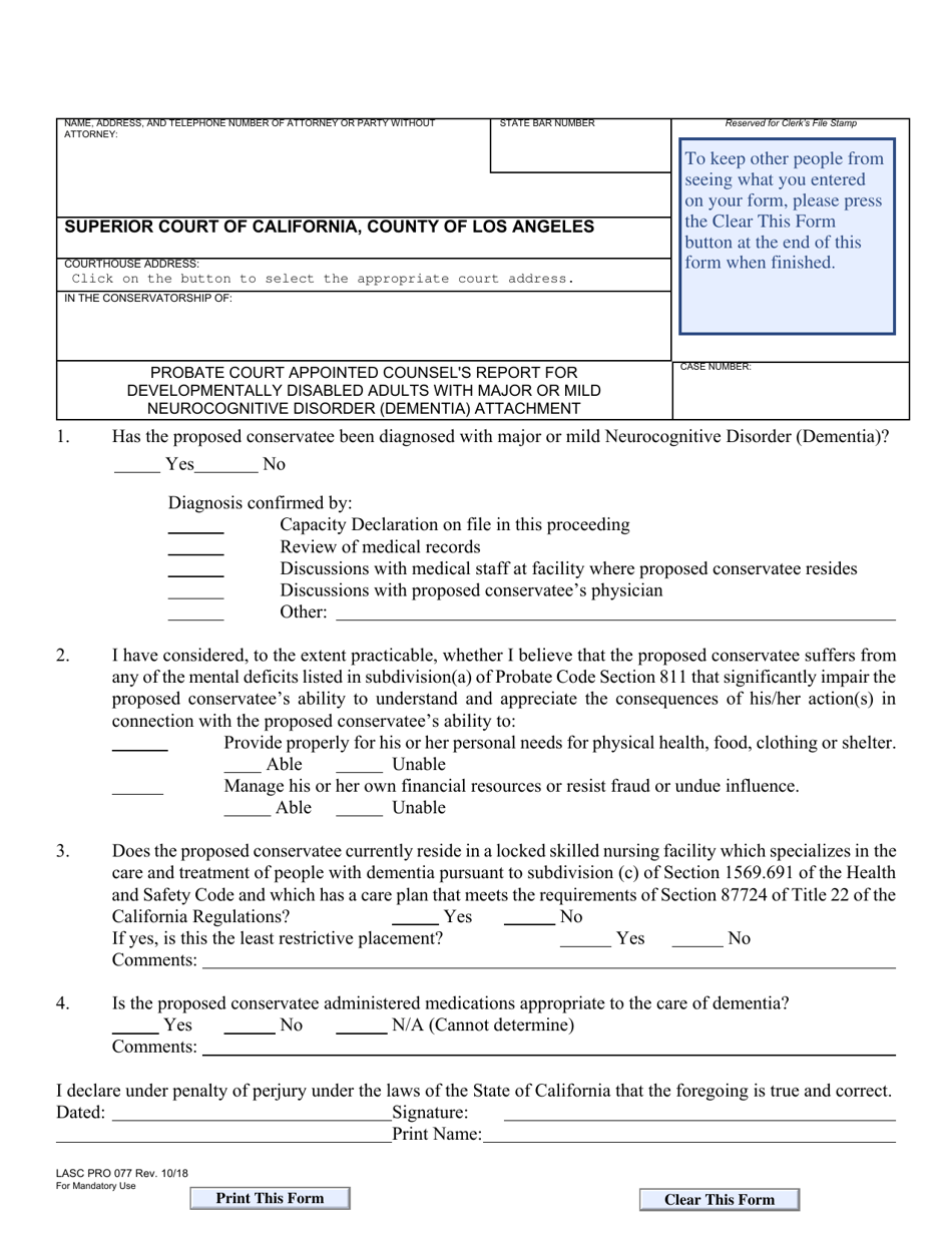 Form LASC PRO077 Probate Court Appointed Counsels Report for Developmentally Disabled Adults With Major or Mild Neurocognitive Disorder (Dementia) Attachment - County of Los Angeles, California, Page 1