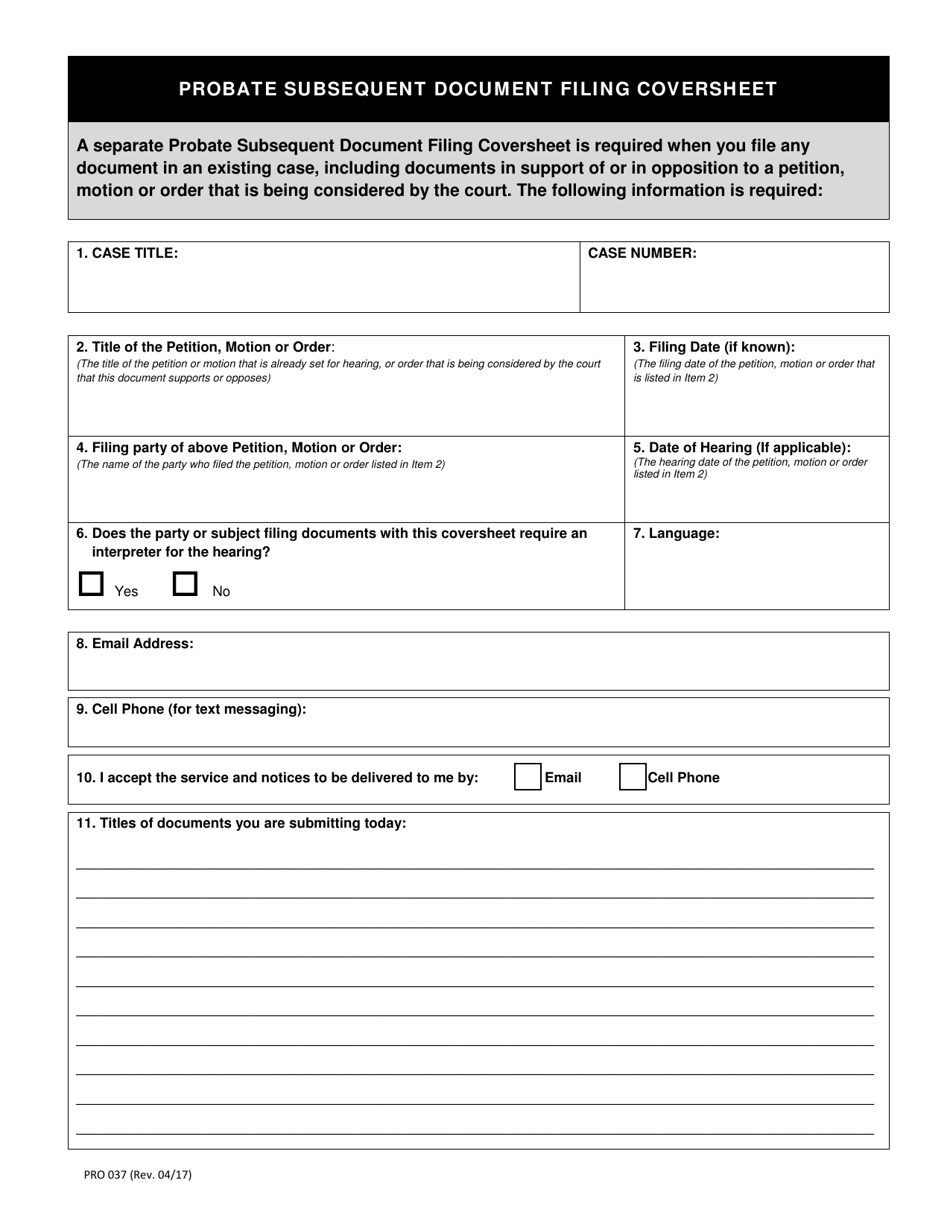 Form PRO037 Probate Subsequent Document Filing Coversheet - County of Los Angeles, California, Page 1