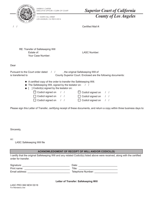 Form LASC PRO066 Letter of Transfer: Safekeeping Will - County of Los Angeles, California