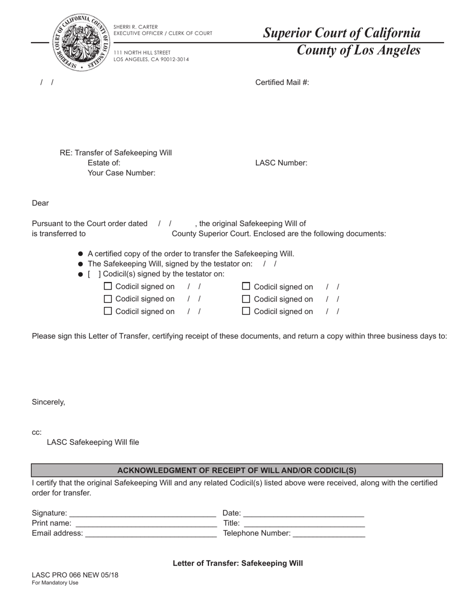 Form LASC PRO066 Letter of Transfer: Safekeeping Will - County of Los Angeles, California, Page 1