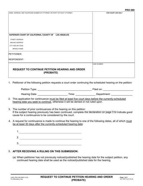 Form LASC PRO080 Request to Continue Petition Hearing and Order (Probate) - County of Los Angeles, California