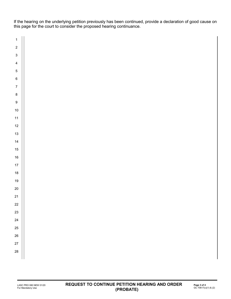 Form LASC PRO080 Request to Continue Petition Hearing and Order (Probate) - County of Los Angeles, California, Page 3