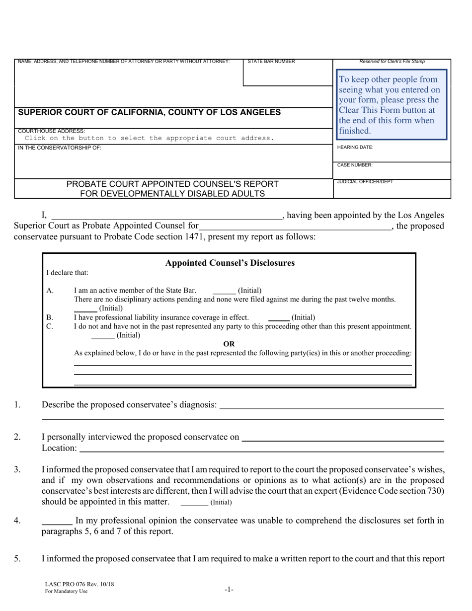 Form LASC PRO076 Probate Court Appointed Counsels Report for Developmentally Disabled Adults - County of Los Angeles, California, Page 1