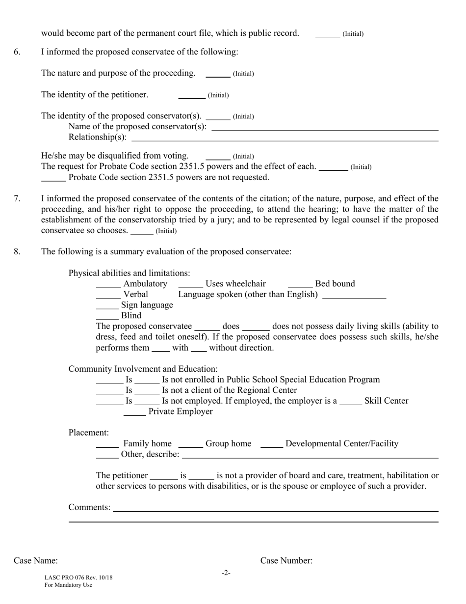 Form LASC PRO076 Probate Court Appointed Counsels Report for Developmentally Disabled Adults - County of Los Angeles, California, Page 2