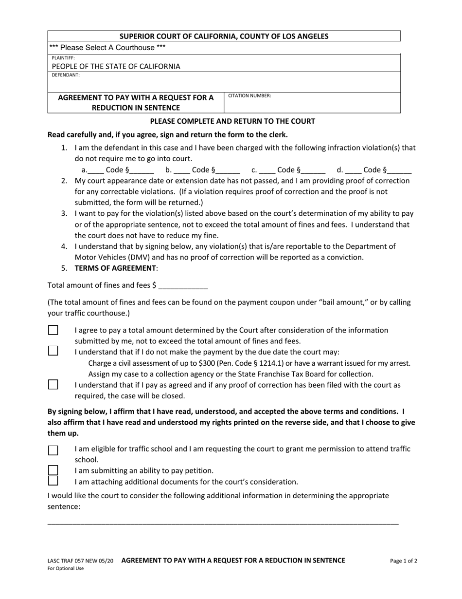 Form LASC TRAF057 Agreement to Pay With a Request for a Reduction in Sentence - County of Los Angeles, California, Page 1