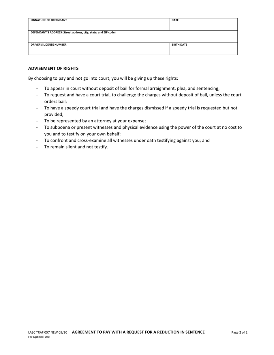 Form LASC TRAF057 Agreement to Pay With a Request for a Reduction in Sentence - County of Los Angeles, California, Page 2