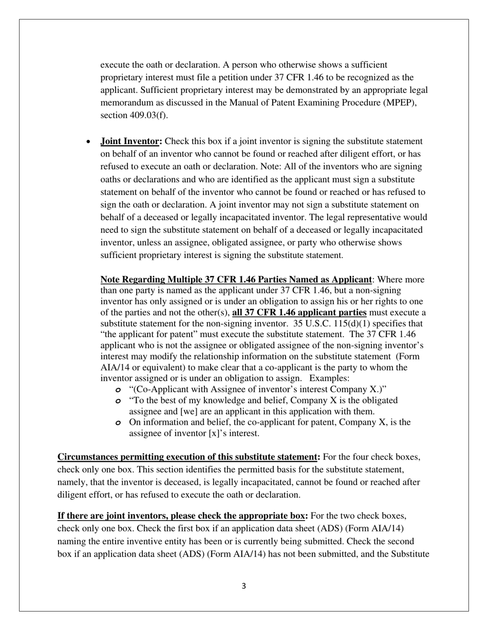 Instructions for Form PTO / AIA / 02 Substitute Statement in Lieu of an Oath or Declaration for Utility or Design Patent Application (35 U.s.c. 115(D) and 37 Cfr 1.64), Page 3