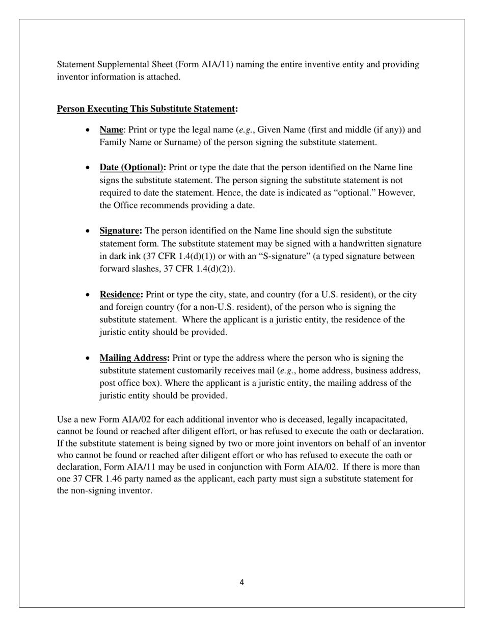 Instructions for Form PTO / AIA / 02 Substitute Statement in Lieu of an Oath or Declaration for Utility or Design Patent Application (35 U.s.c. 115(D) and 37 Cfr 1.64), Page 4