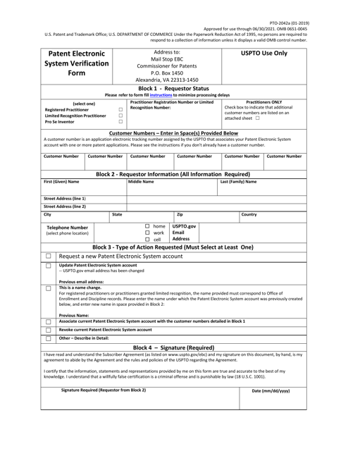 Form PTO-2042A Patent Electronic System Verification Form