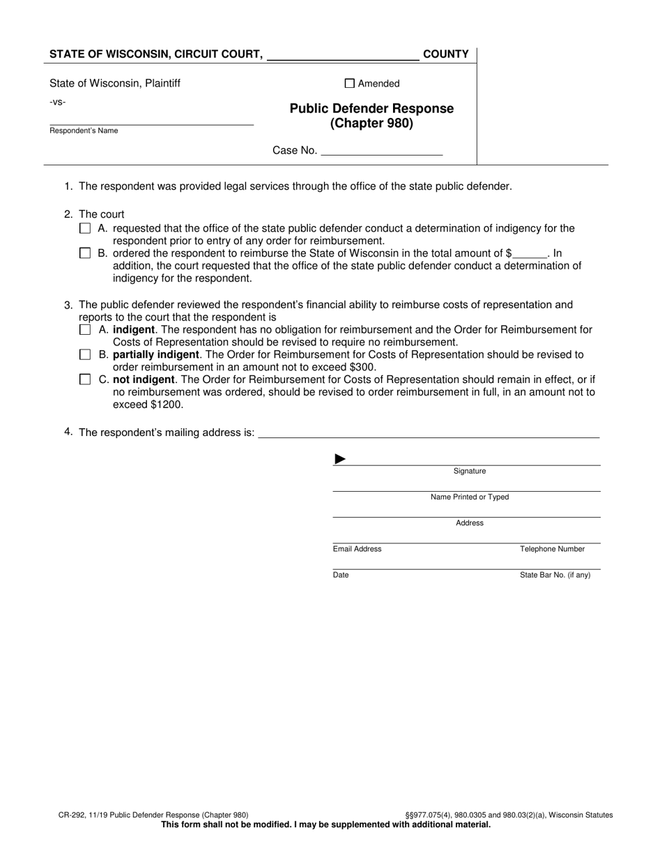 Form CR-292 Public Defender Response (Chapter 980) - Wisconsin, Page 1