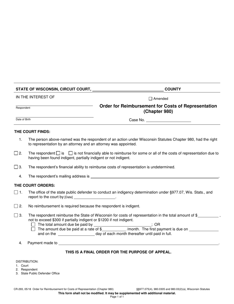 Form CR-293 Order for Reimbursement for Costs of Representation (Chapter 980) - Wisconsin, Page 1
