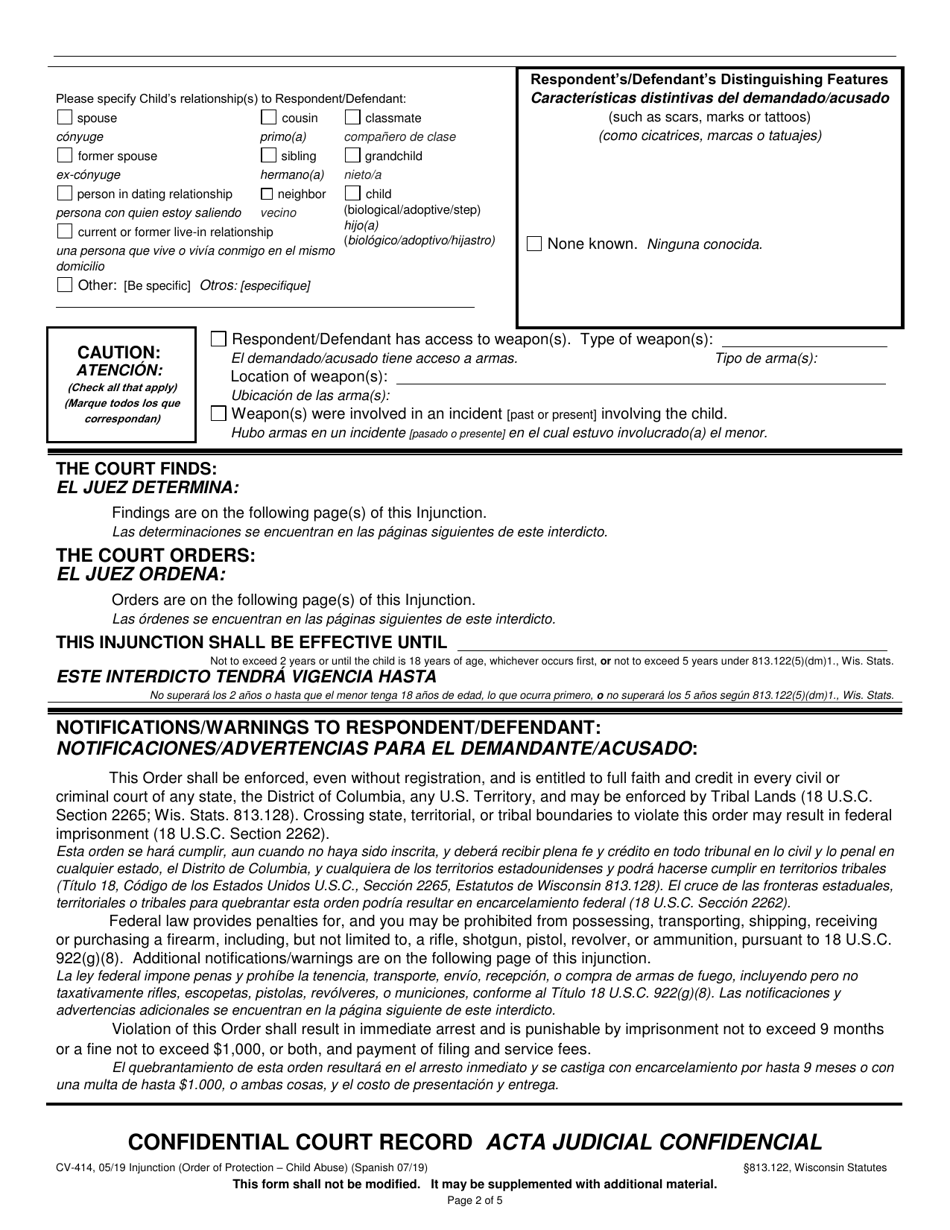 Form CV-414 Injunction - Child Abuse - Wisconsin (English / Spanish), Page 2