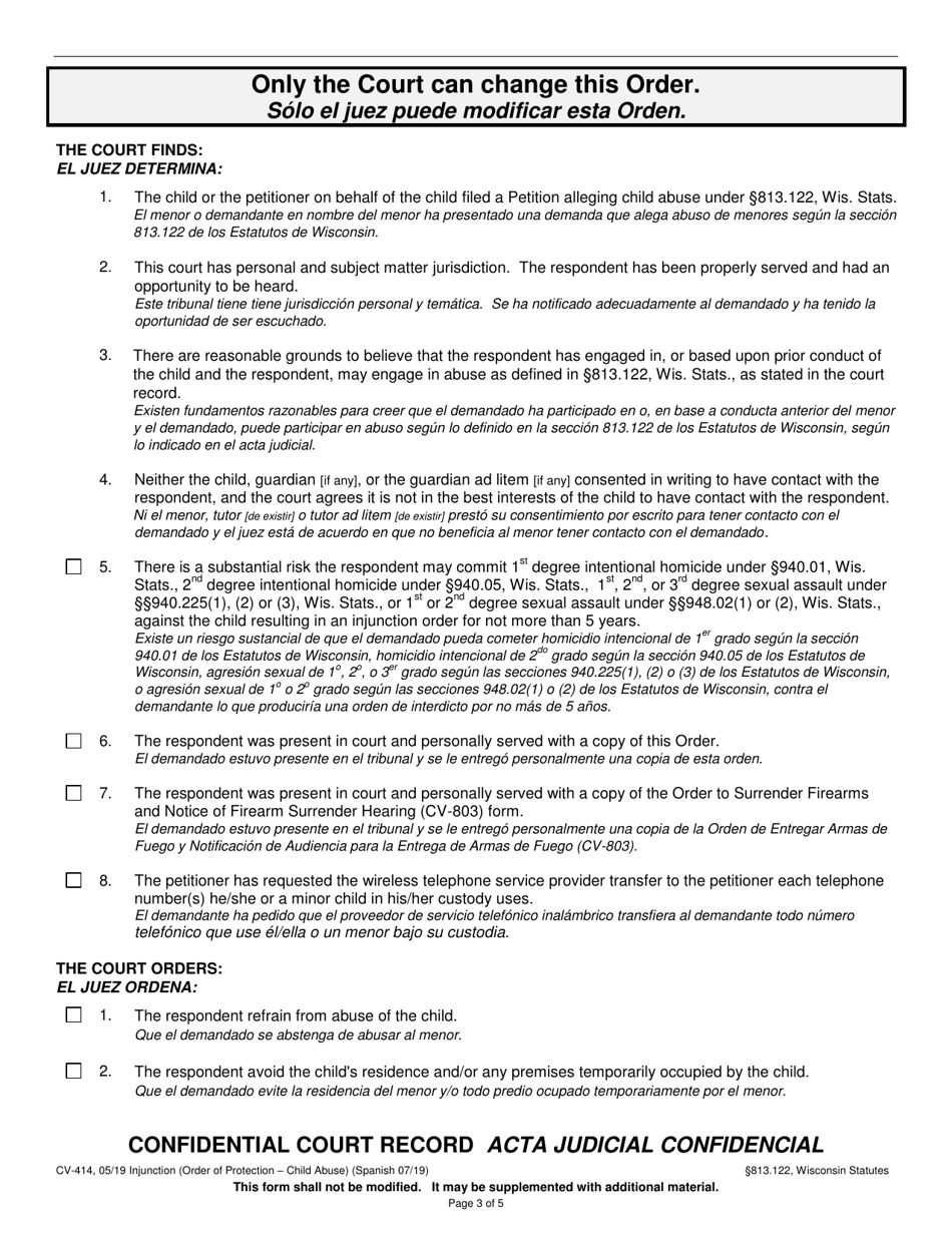 Form CV-414 Injunction - Child Abuse - Wisconsin (English / Spanish), Page 3