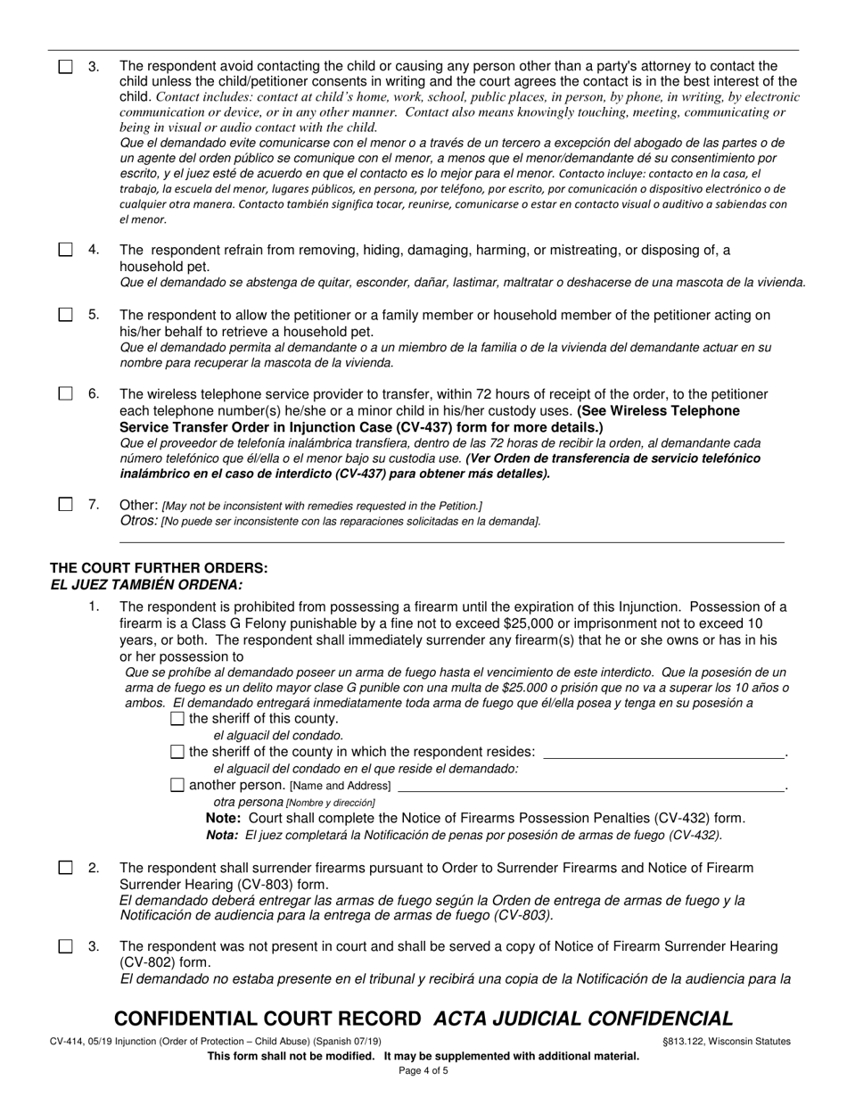 Form CV-414 Injunction - Child Abuse - Wisconsin (English / Spanish), Page 4