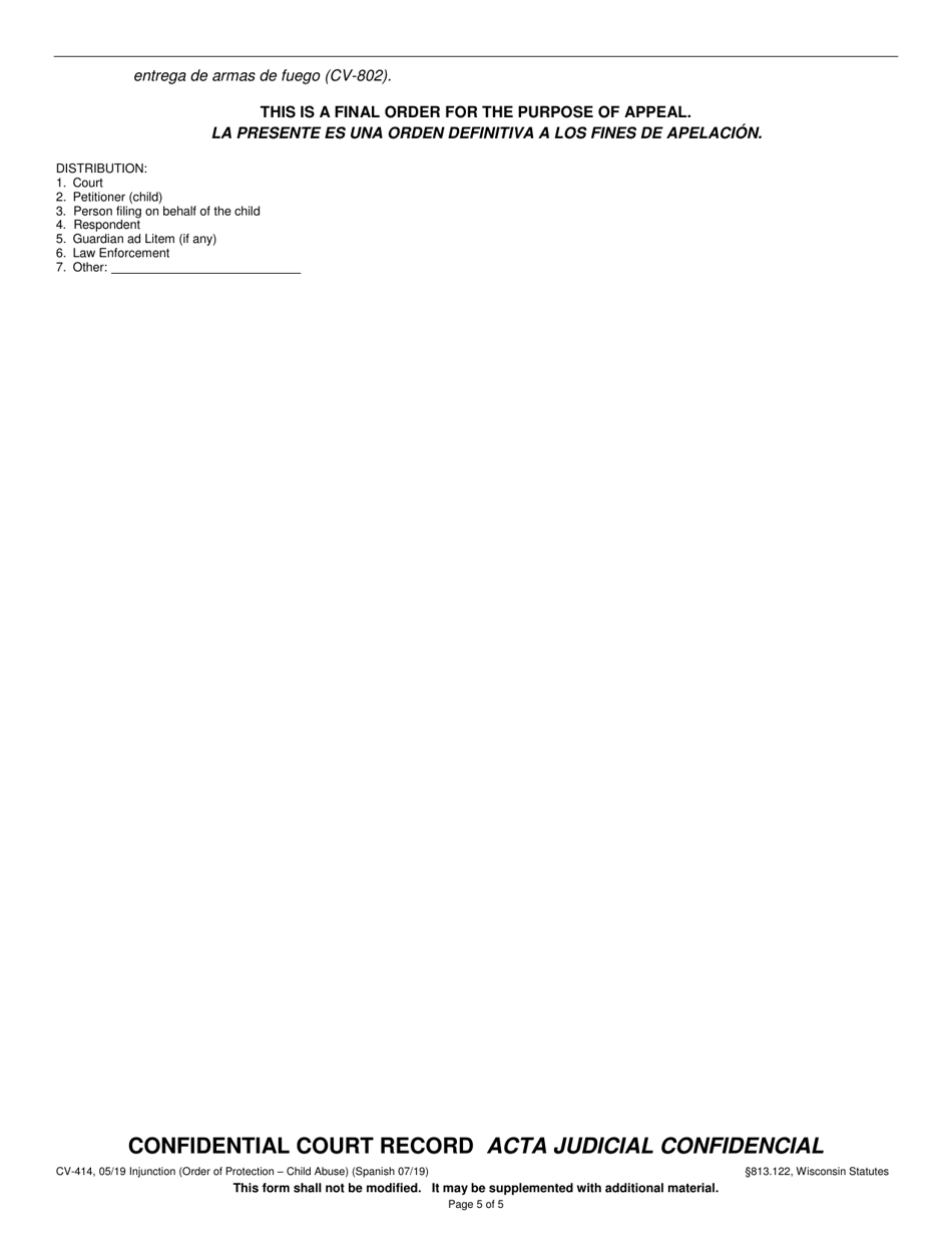 Form CV-414 Injunction - Child Abuse - Wisconsin (English / Spanish), Page 5