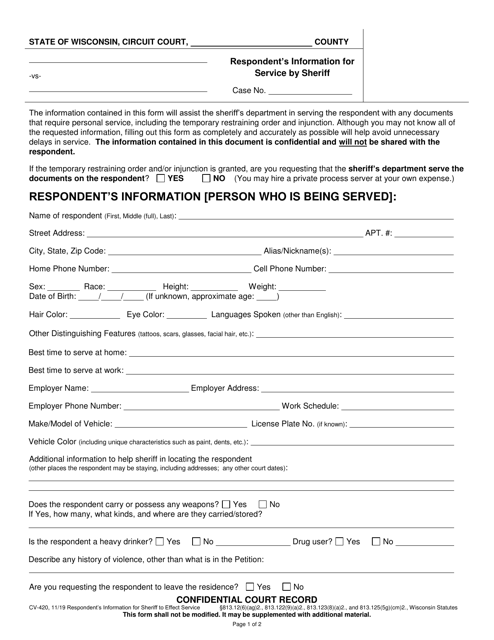Form CV-420 Respondent's Information for Service by Sheriff - Wisconsin