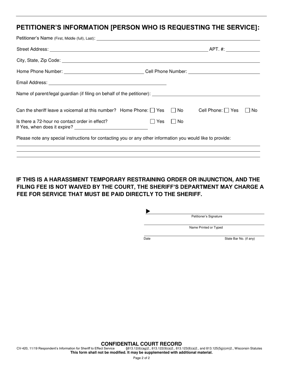Form CV-420 Respondents Information for Service by Sheriff - Wisconsin, Page 2