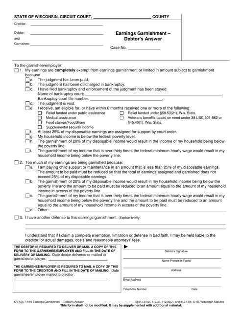 Form CV-424 Earnings Garnishment - Debtor's Answer - Wisconsin