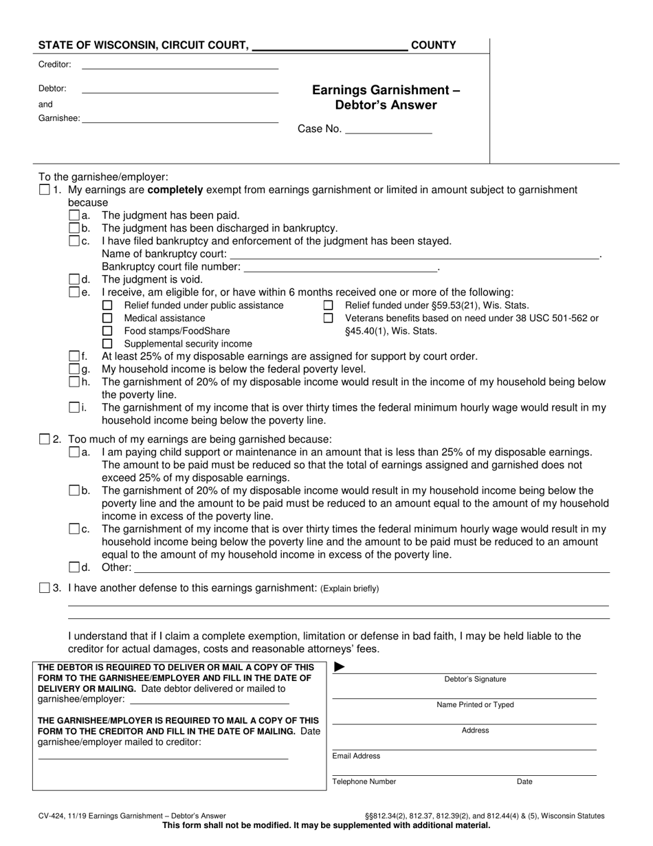 Form CV-424 Earnings Garnishment - Debtors Answer - Wisconsin, Page 1