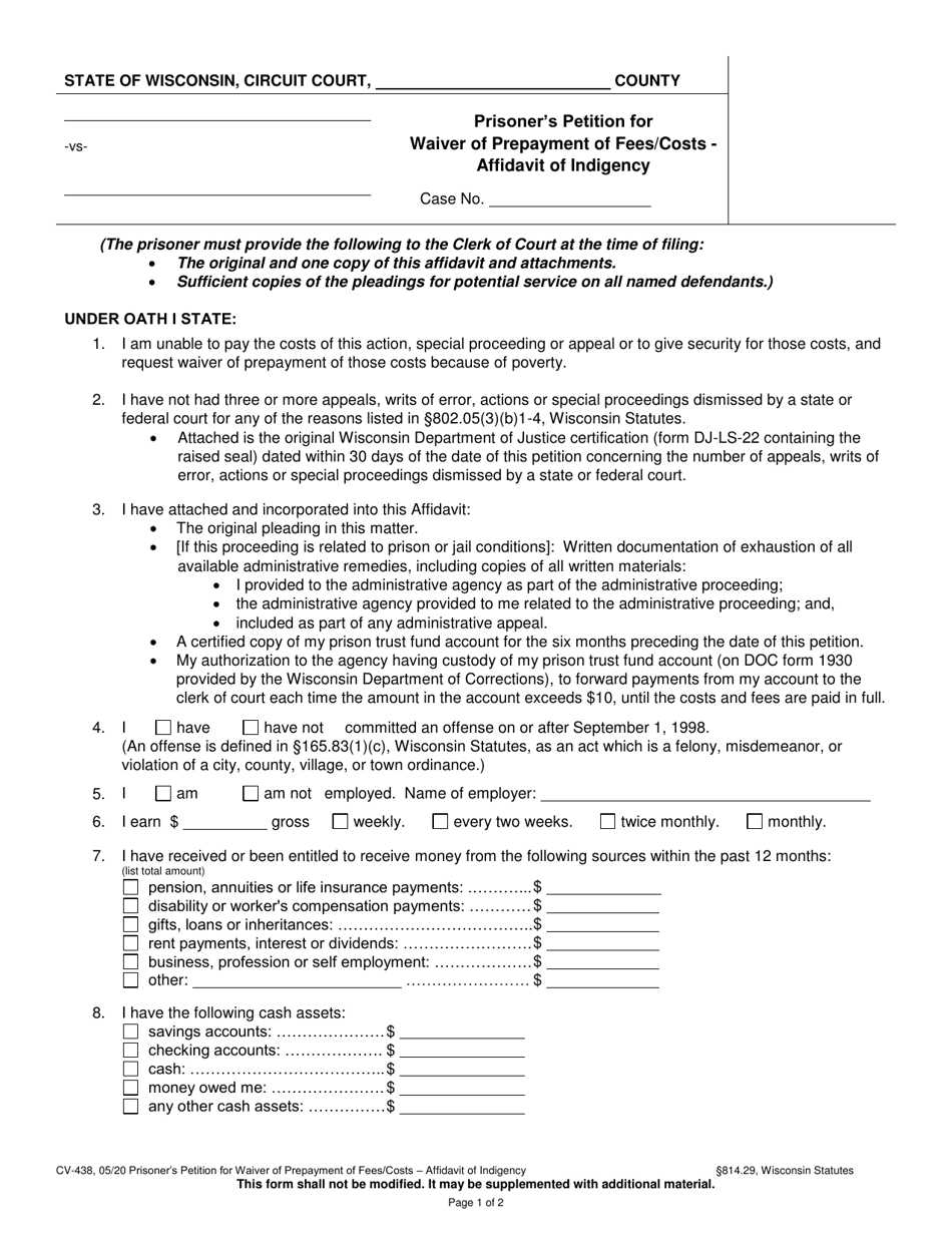 Form CV-438 Prisoners Petition for Waiver of Prepayment of Fees / Costs - Affidavit of Indigency - Wisconsin, Page 1