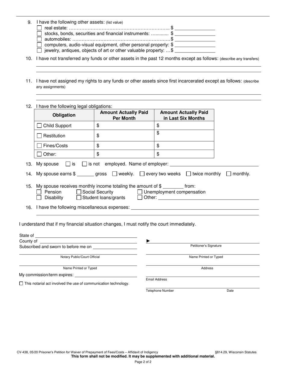 Form CV-438 Prisoners Petition for Waiver of Prepayment of Fees / Costs - Affidavit of Indigency - Wisconsin, Page 2