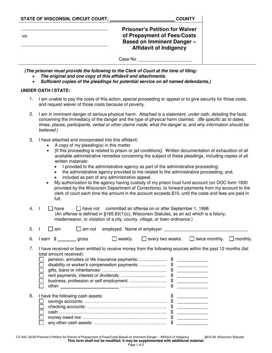 Form CV-440 Prisoners Petition for Waiver of Prepayment of Fees / Costs Based on Imminent Danger - Affidavit of Indigency - Wisconsin, Page 1