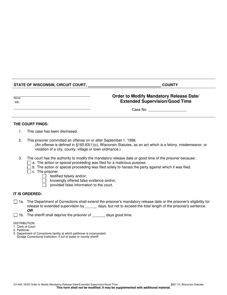 Form CV-445 Order to Modify Mandatory Release Date / Extended Supervision / Good Time - Wisconsin, Page 1