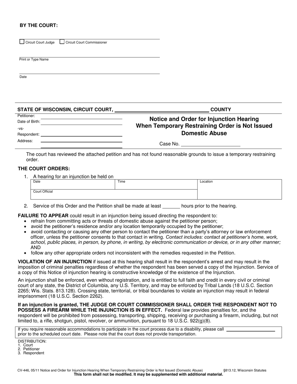 Form CV-446 Notice and Order for Injunction Hearing When Temporary Restraining Order Is Not Issued Domestic Abuse - Wisconsin, Page 1