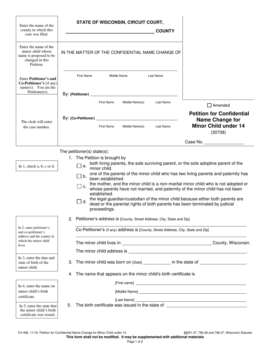 Form CV-456 Petition for Confidential Name Change for Minor Child Under 14 - Wisconsin, Page 1
