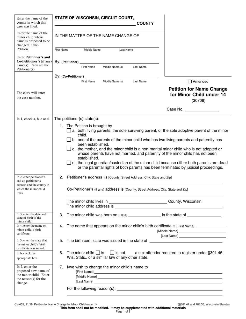 Form CV-455 Petition for Name Change for Minor Child Under 14 - Wisconsin, Page 1