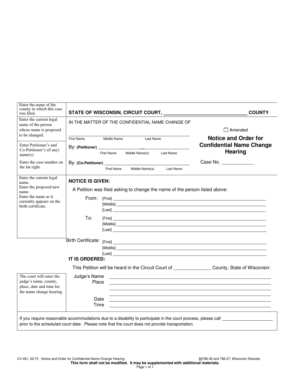 Form CV-461 Notice and Order for Confidential Name Change Hearing - Wisconsin, Page 1